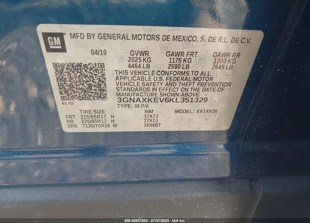2019 CHEVROLET EQUINOX VIN: 3GNAXKEV6KL351329
