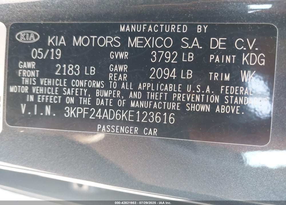 2019 KIA FORTE VIN: 3KPF24AD6KE123616