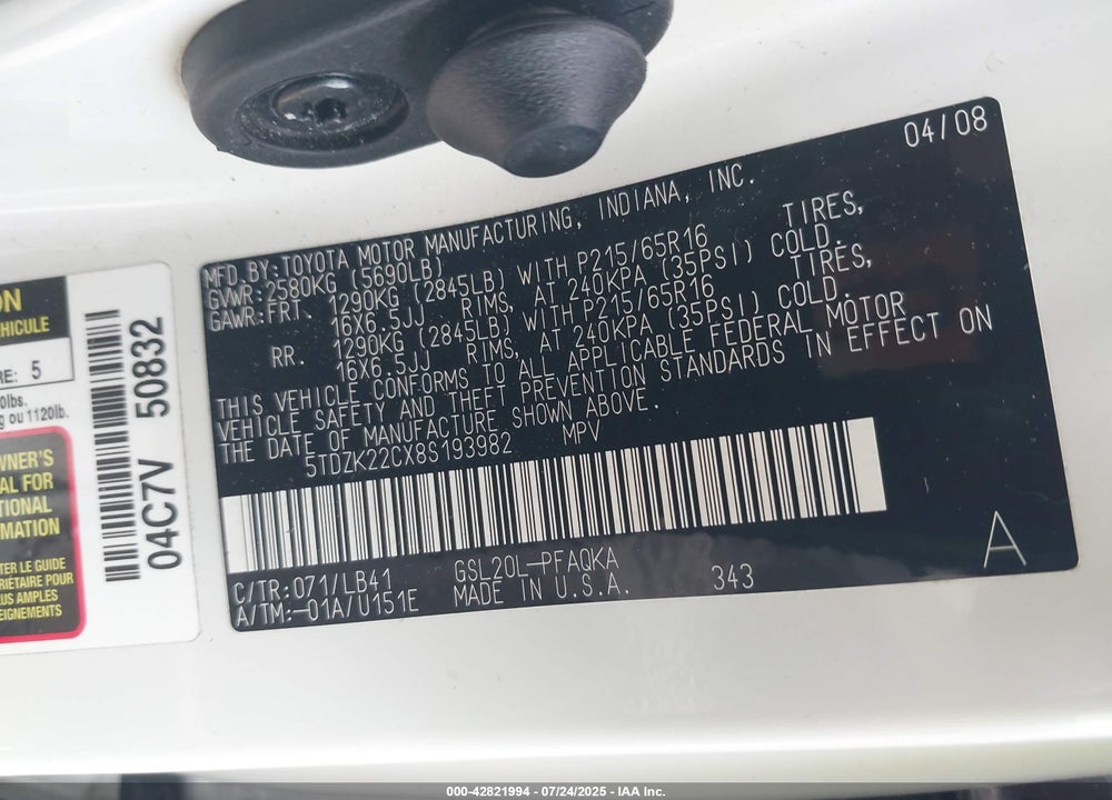 2008 TOYOTA SIENNA XLE VIN: 5TDZK22CX8S193982