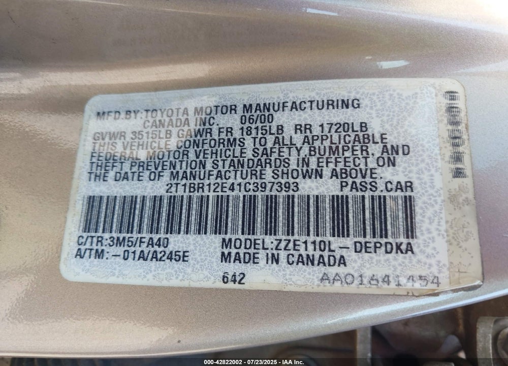 2001 TOYOTA COROLLA LE VIN: 2T1BR12E41C397393