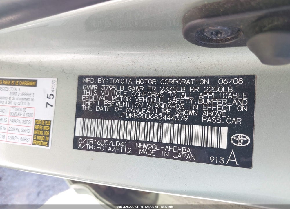 2008 TOYOTA PRIUS VIN: JTDKB20U683444379
