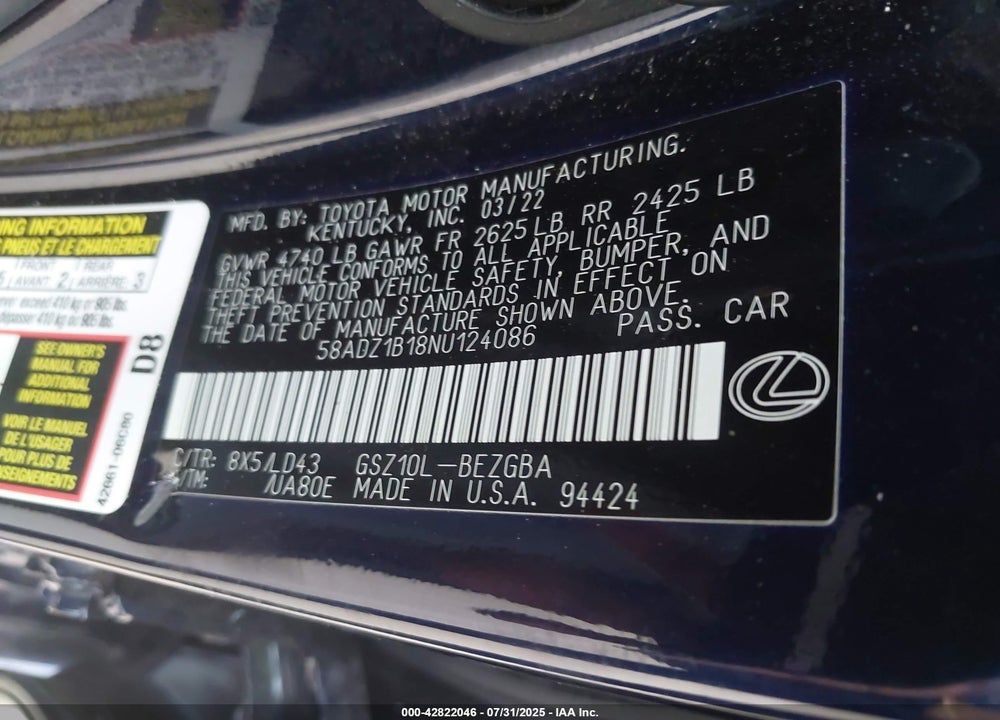 2022 LEXUS ES 350 VIN: 58ADZ1B18NU124086