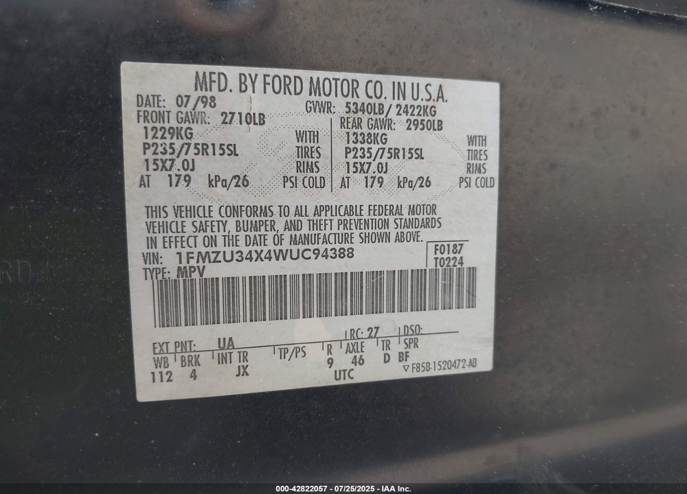 1998 FORD EXPLORER VIN: 1FMZU34X4WUC94388