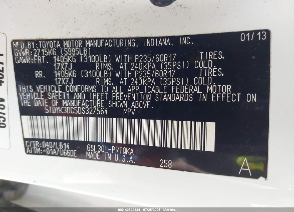 2013 TOYOTA SIENNA VIN: 5TDYK3DC5DS327564