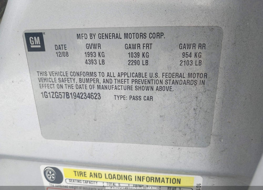 2009 CHEVROLET MALIBU VIN: 1G1ZG57B194234623