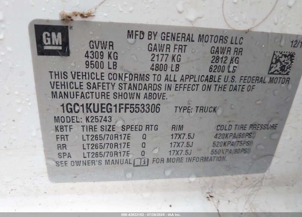 2015 CHEVROLET SILVERADO 2500 VIN: 1GC1KUEG1FF553306