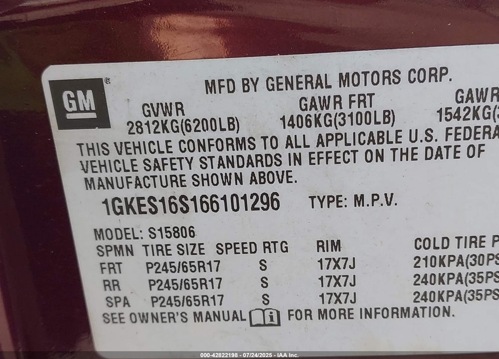 2006 GMC ENVOY XL SLT VIN: 1GKES16S166101296