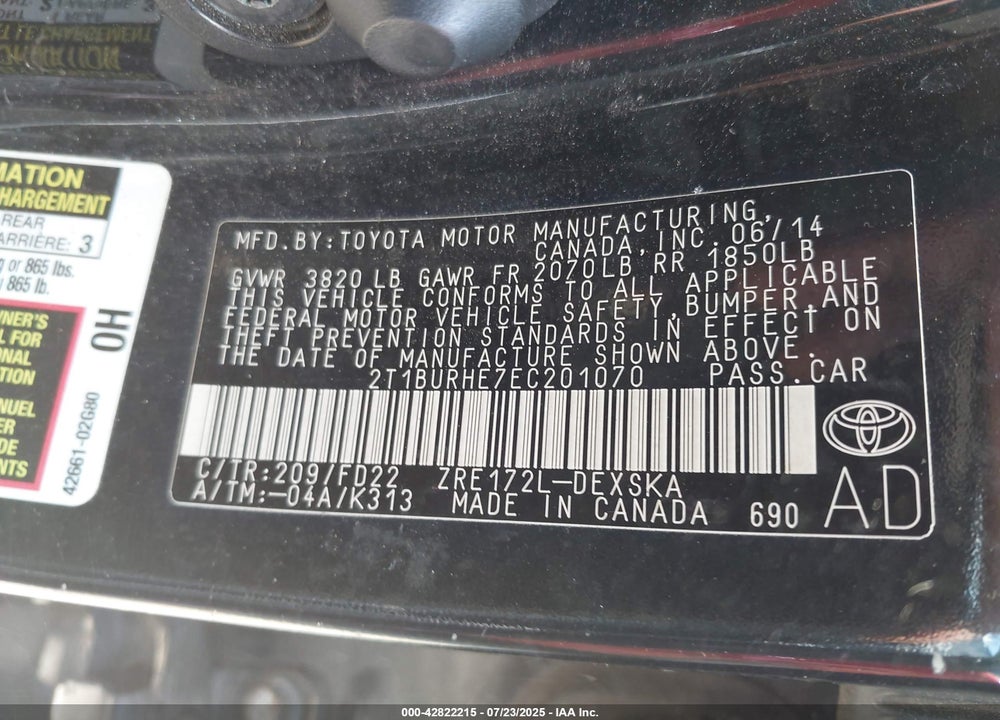 2014 TOYOTA COROLLA VIN: 2T1BURHE7EC201070