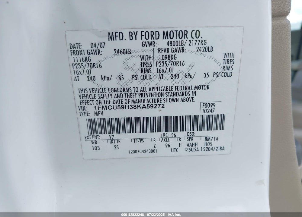 2008 FORD ESCAPE HYBRID VIN: 1FMCU59H38KA59272