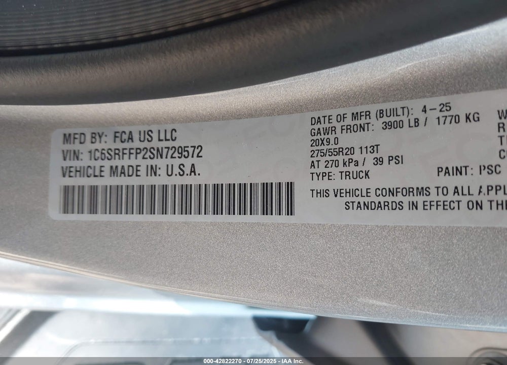 2025 RAM 1500 VIN: 1C6SRFFP2SN729572
