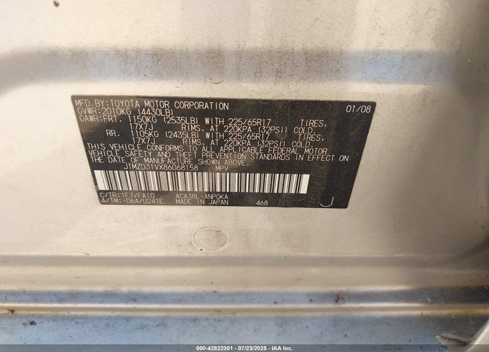 2008 TOYOTA RAV4 VIN: JTMZD31VX86068158