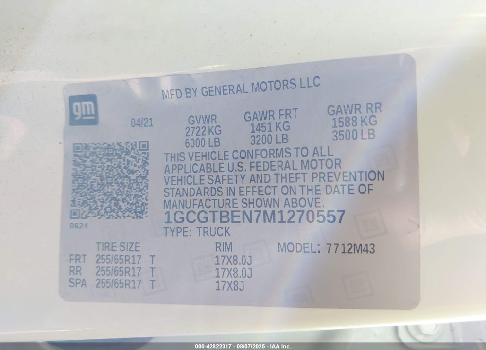 2021 CHEVROLET COLORADO 4WD SHORT BOX WT VIN: 1GCGTBEN7M1270557
