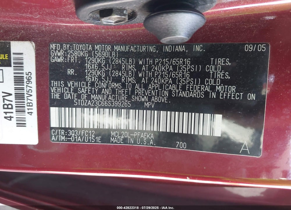2006 TOYOTA SIENNA VIN: 5TDZA23C66S399265