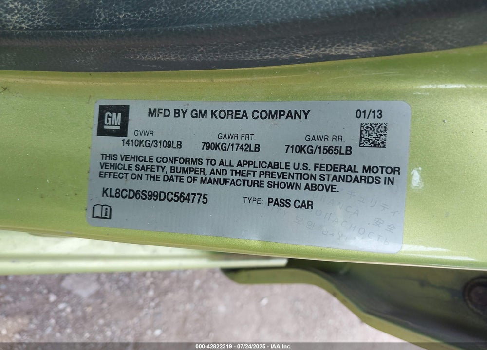2013 CHEVROLET SPARK VIN: KL8CD6S99DC564775