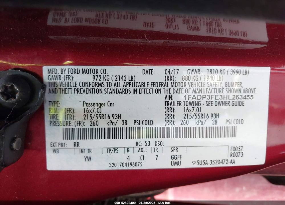 2017 FORD FOCUS VIN: 1FADP3FE3HL263455