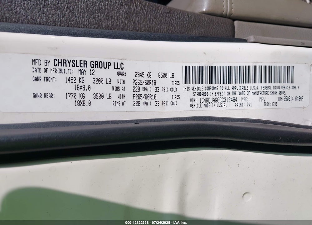 2012 DODGE DURANGO VIN: 1C4RDJAG6CC312484