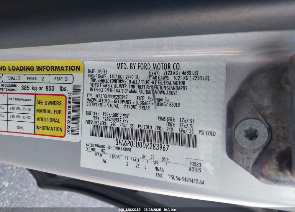 2013 FORD FUSION VIN: 3FA6P0LU0DR283967