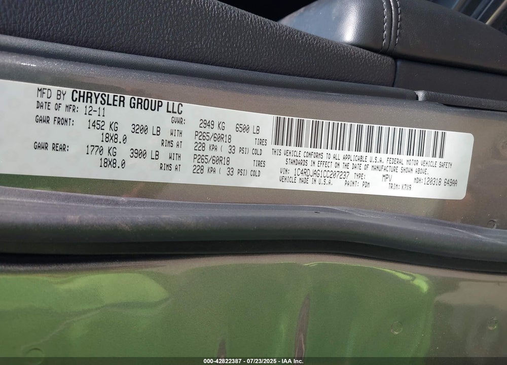 2012 DODGE DURANGO SXT VIN: 1C4RDJAG1CC207237