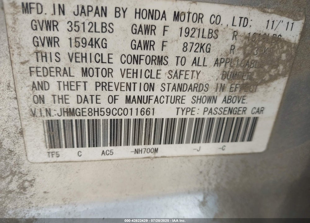 2012 HONDA FIT VIN: JHMGE8H59CC011661