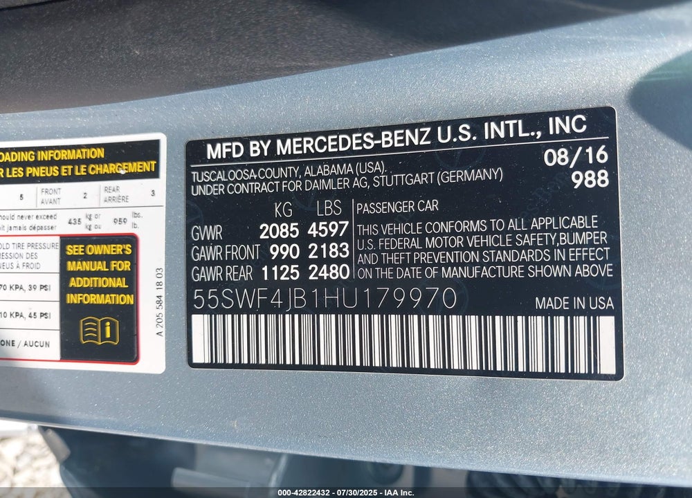 2017 MERCEDES-BENZ C CLASS VIN: 55SWF4JB1HU179970