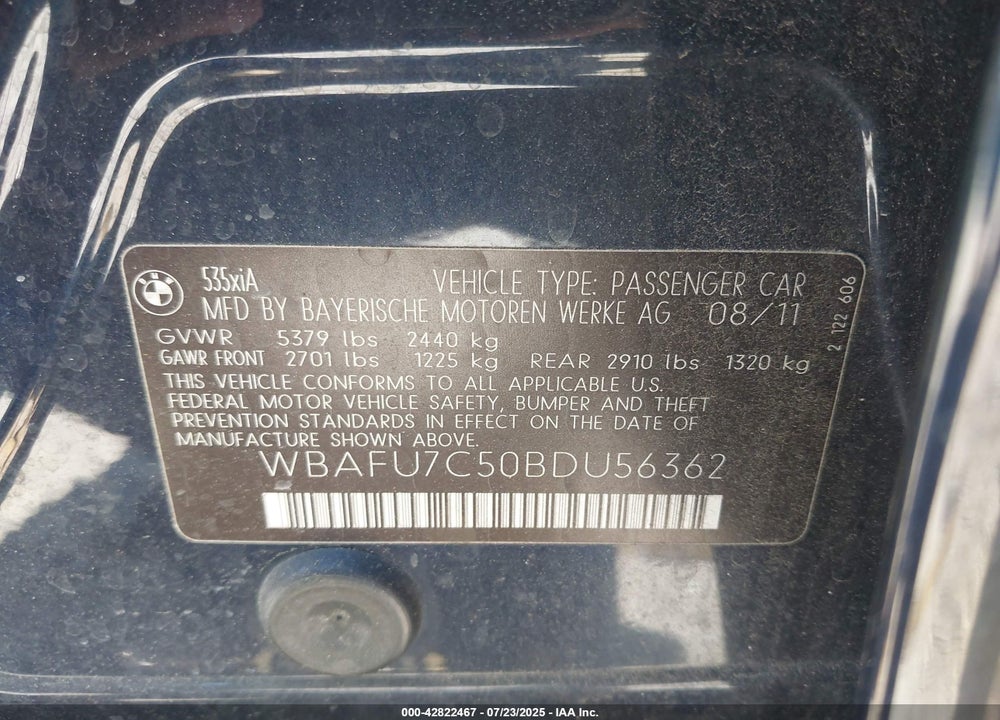 2011 BMW 5 SERIES VIN: WBAFU7C50BDU56362