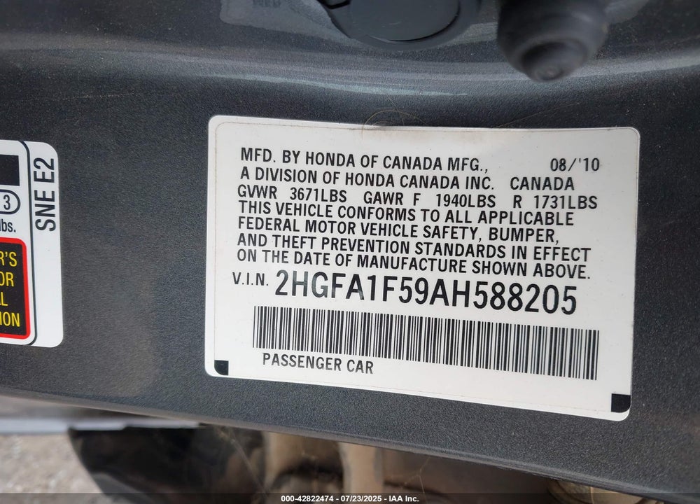 2010 HONDA CIVIC VIN: 2HGFA1F59AH588205
