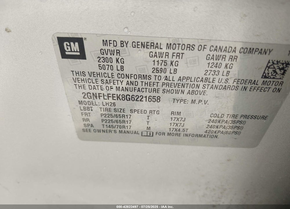 2016 CHEVROLET EQUINOX VIN: 2GNFLFEK8G6221658