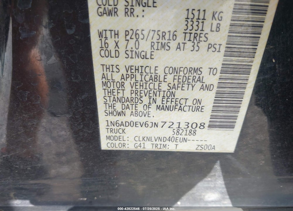 2018 NISSAN FRONTIER VIN: 1N6AD0EV6JN721308