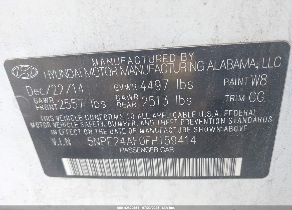 2015 HYUNDAI SONATA VIN: 5NPE24AF0FH159414