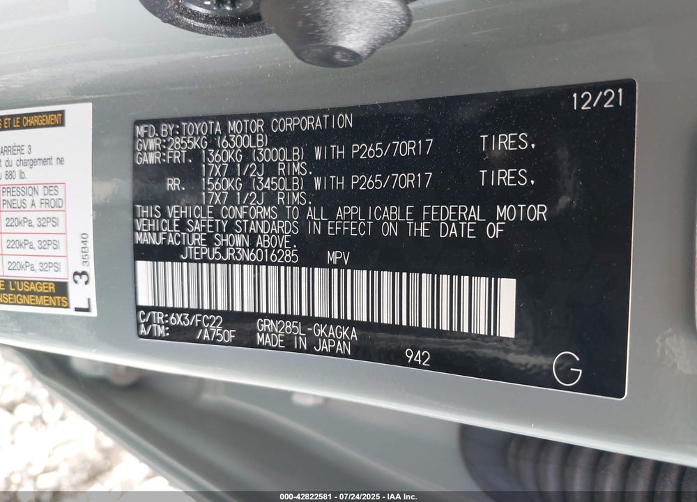 2022 TOYOTA 4RUNNER VIN: JTEPU5JR3N6016285