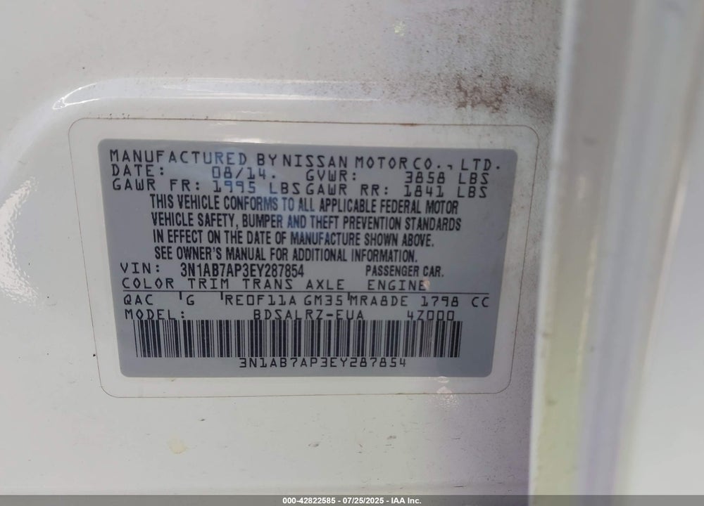 2014 NISSAN SENTRA SR VIN: 3N1AB7AP3EY287854