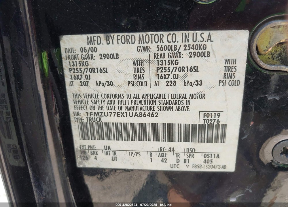 2001 FORD EXPLORER SPORT TRAC VIN: 1FMZU77EX1UA86462