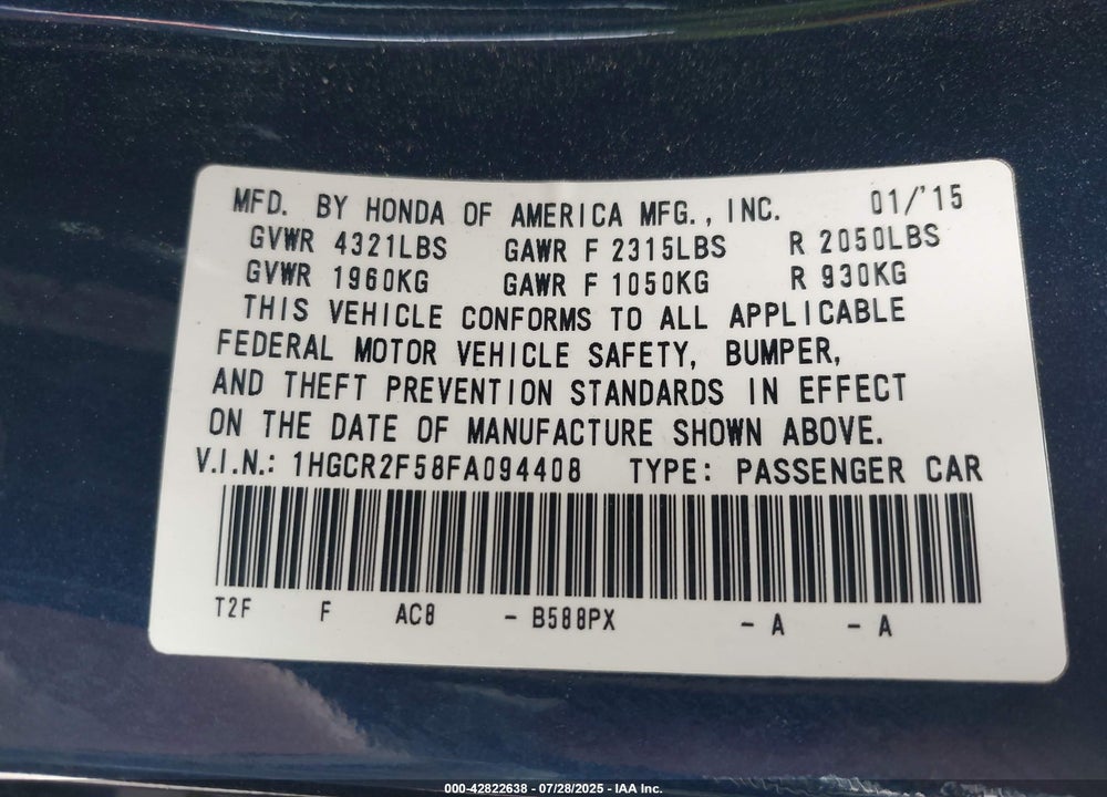 2015 HONDA ACCORD VIN: 1HGCR2F58FA094408