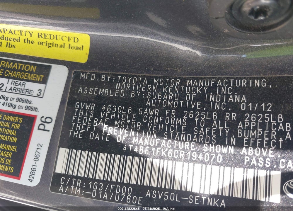 2012 TOYOTA CAMRY VIN: 4T4BF1FK6CR194070