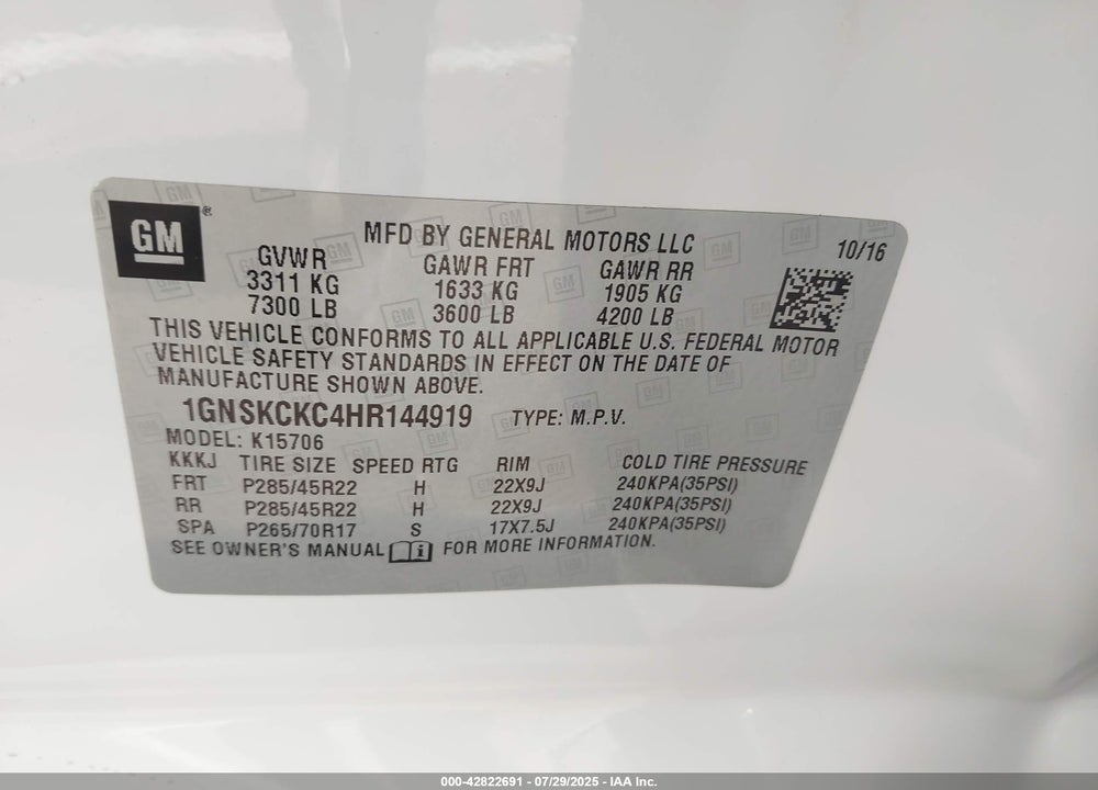 2017 CHEVROLET TAHOE PREMIER VIN: 1GNSKCKC4HR144919
