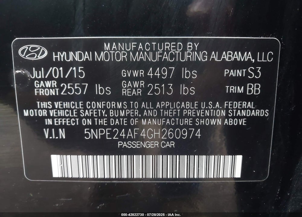 2016 HYUNDAI SONATA VIN: 5NPE24AF4GH260974