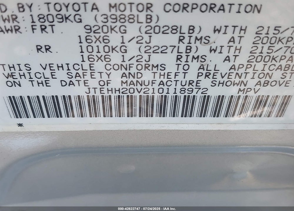 2001 TOYOTA RAV4 VIN: JTEHH20V210118972