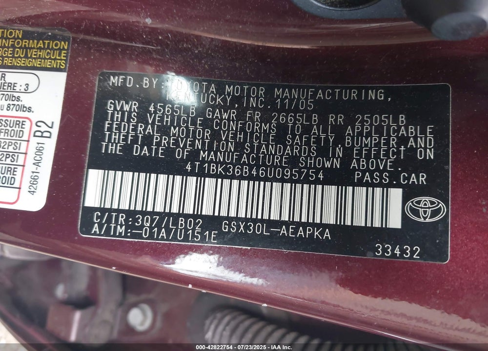 2006 TOYOTA AVALON VIN: 4T1BK36B46U095754