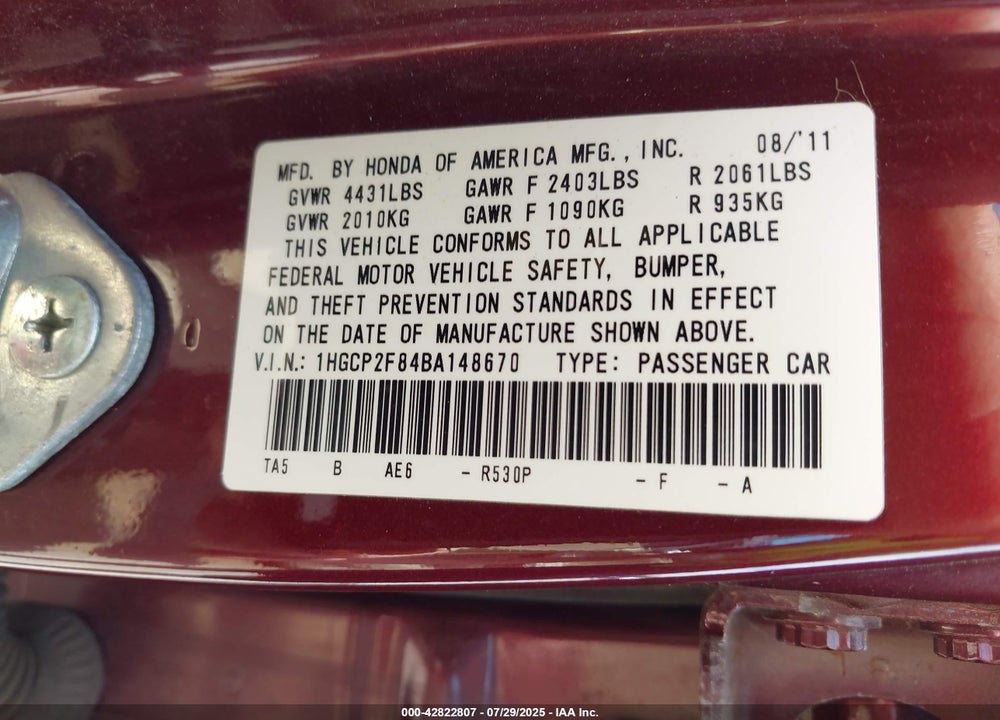 2011 HONDA ACCORD 2.4 EX-L VIN: 1HGCP2F84BA148670
