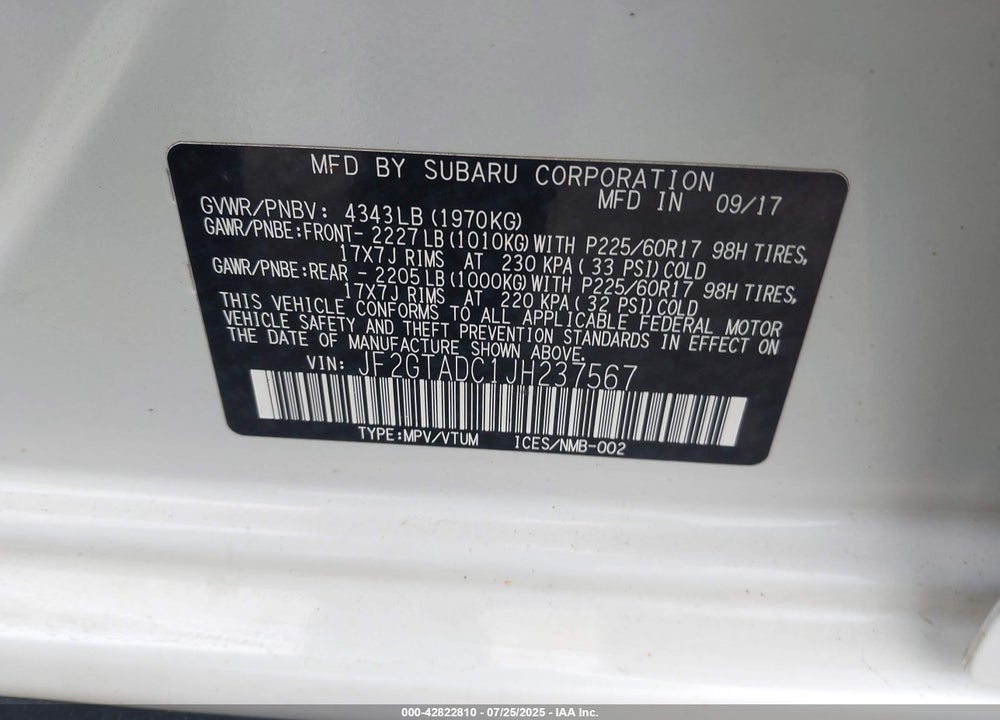 2018 SUBARU CROSSTREK VIN: JF2GTADC1JH237567