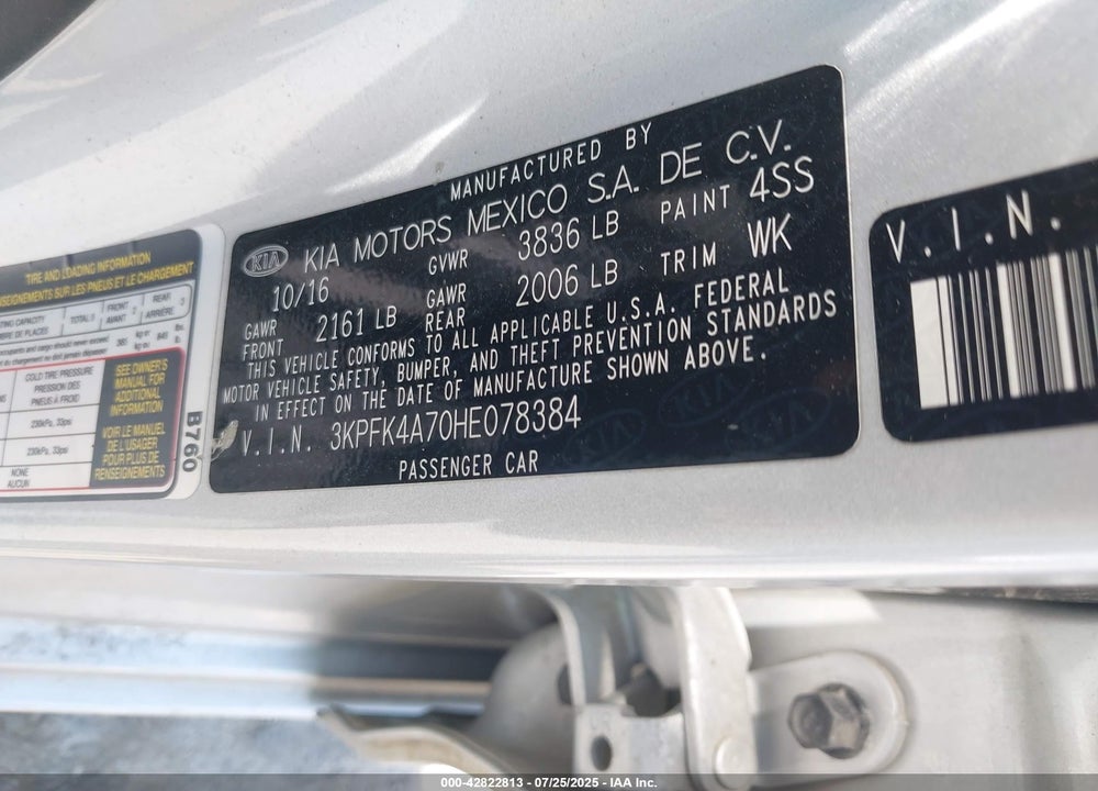 2017 KIA FORTE VIN: 3KPFK4A70HE078384