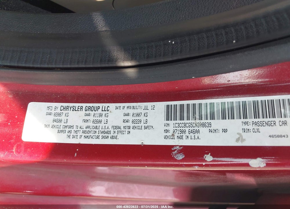 2012 CHRYSLER 200 VIN: 1C3CCBCG5CN308639