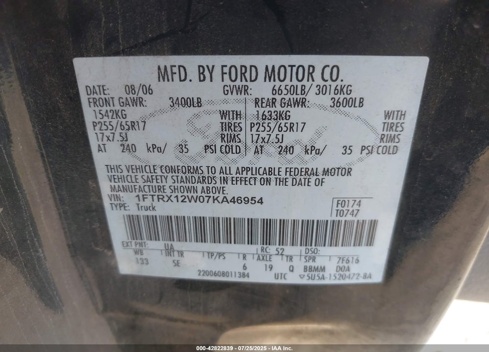 2007 FORD F-150 VIN: 1FTRX12W07KA46954