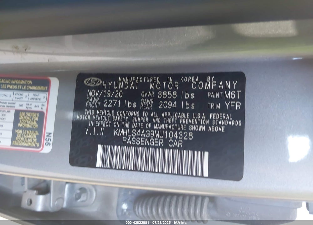 2021 HYUNDAI ELANTRA VIN: KMHLS4AG9MU104328