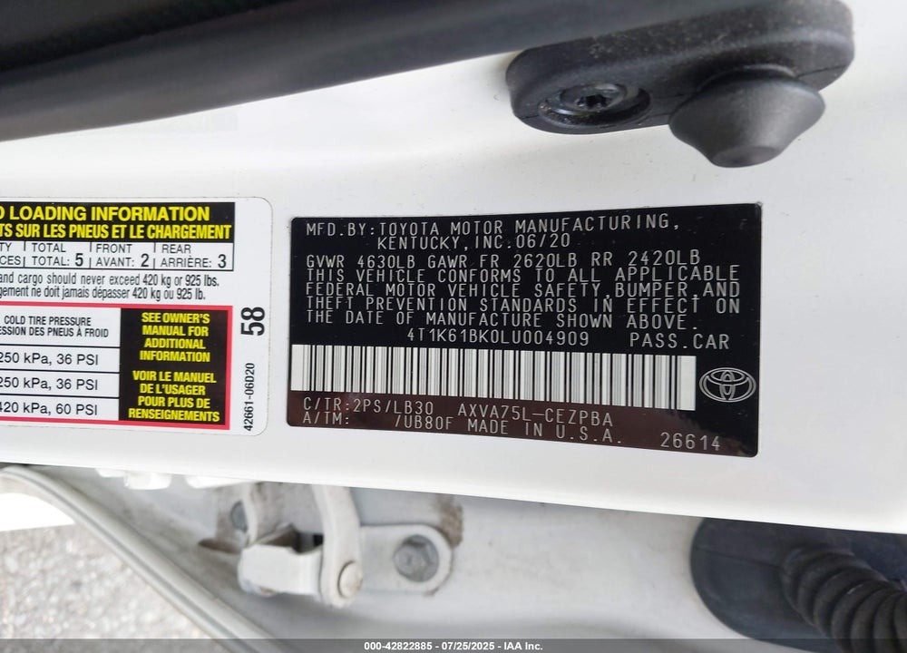 2020 TOYOTA CAMRY XSE AWD VIN: 4T1K61BK0LU004909