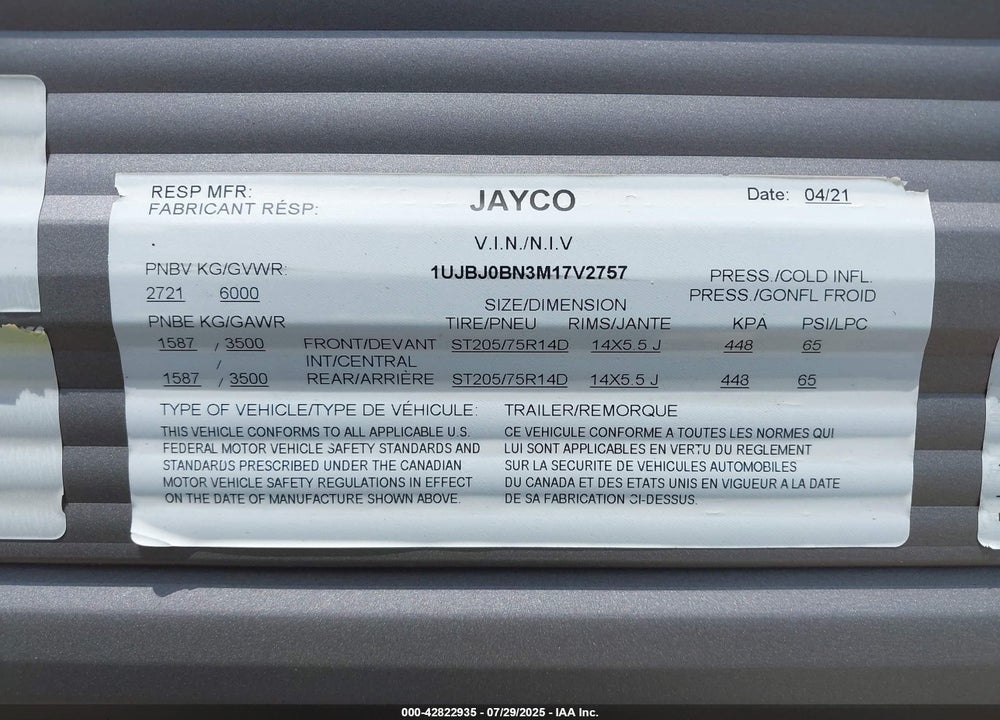 2021 JAYCO 264BH VIN: 1UJBJ0BN3M17V2757