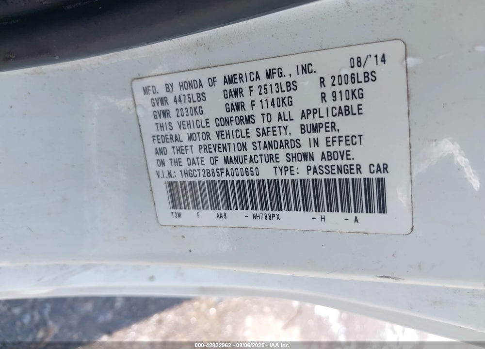 2015 HONDA ACCORD VIN: 1HGCT2B85FA000650