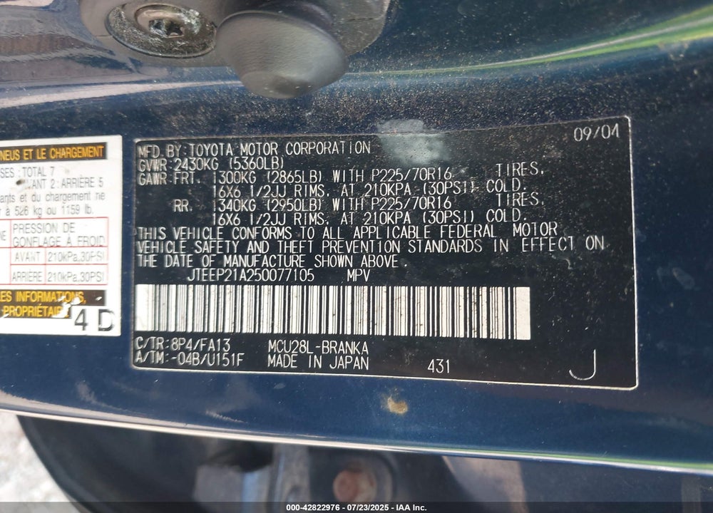 2005 TOYOTA HIGHLANDER VIN: JTEEP21A250077105