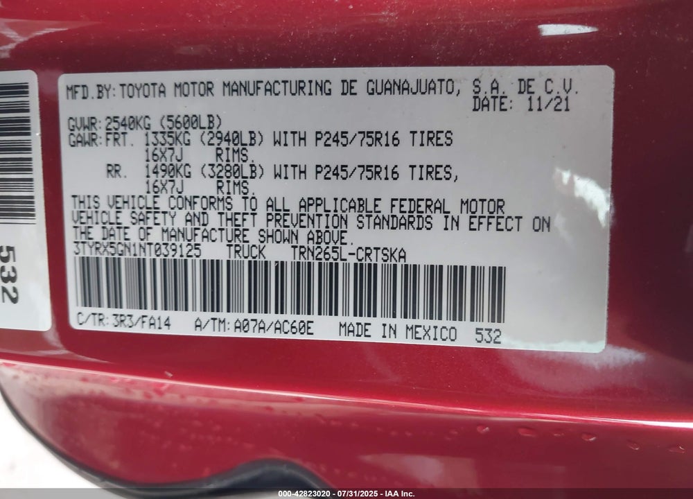 2022 TOYOTA TACOMA VIN: 3TYRX5GN1NT039125