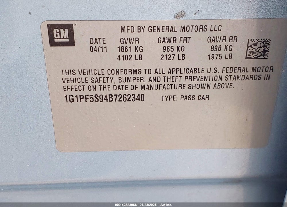 2011 CHEVROLET CRUZE VIN: 1G1PF5S94B7262340